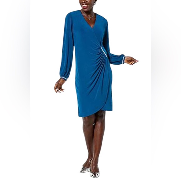Colleen Lopez Dresses & Skirts - NWOT Colleen Lopez Womens Teal Side Shirred Surplice Faux Wrap Dress Size Medium